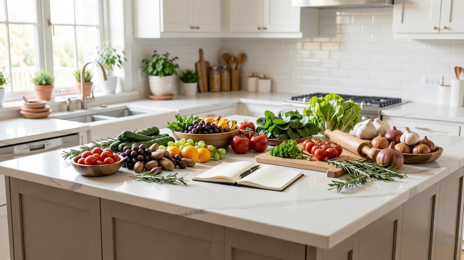 Frische Lebensmittel auf einer hellen Küchenarbeitsplatte
